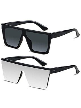 2 Pack Square Oversized Sunglasses for Women Men Big Flat Top Fashion Shield